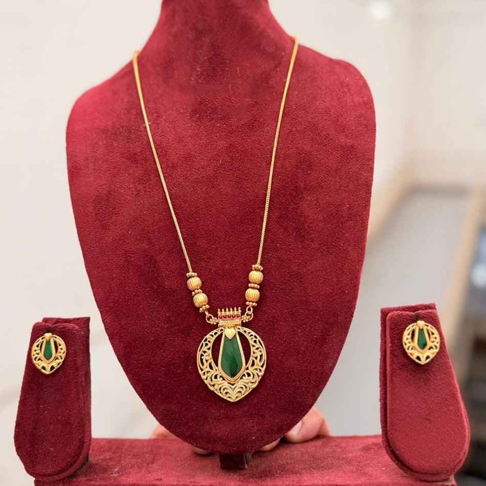 Traditional Gold Plated Green Stone Pendant Set with Matching Earrings