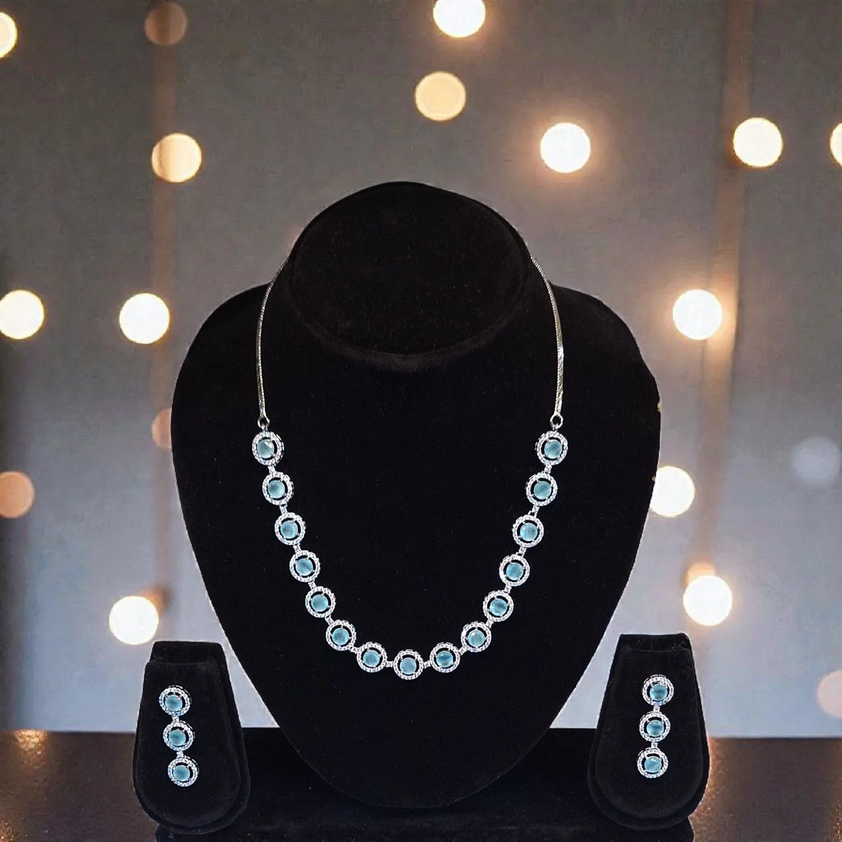 Elegant Blue Stone Silver Plated AD Necklace Set with Earrings - Shangri