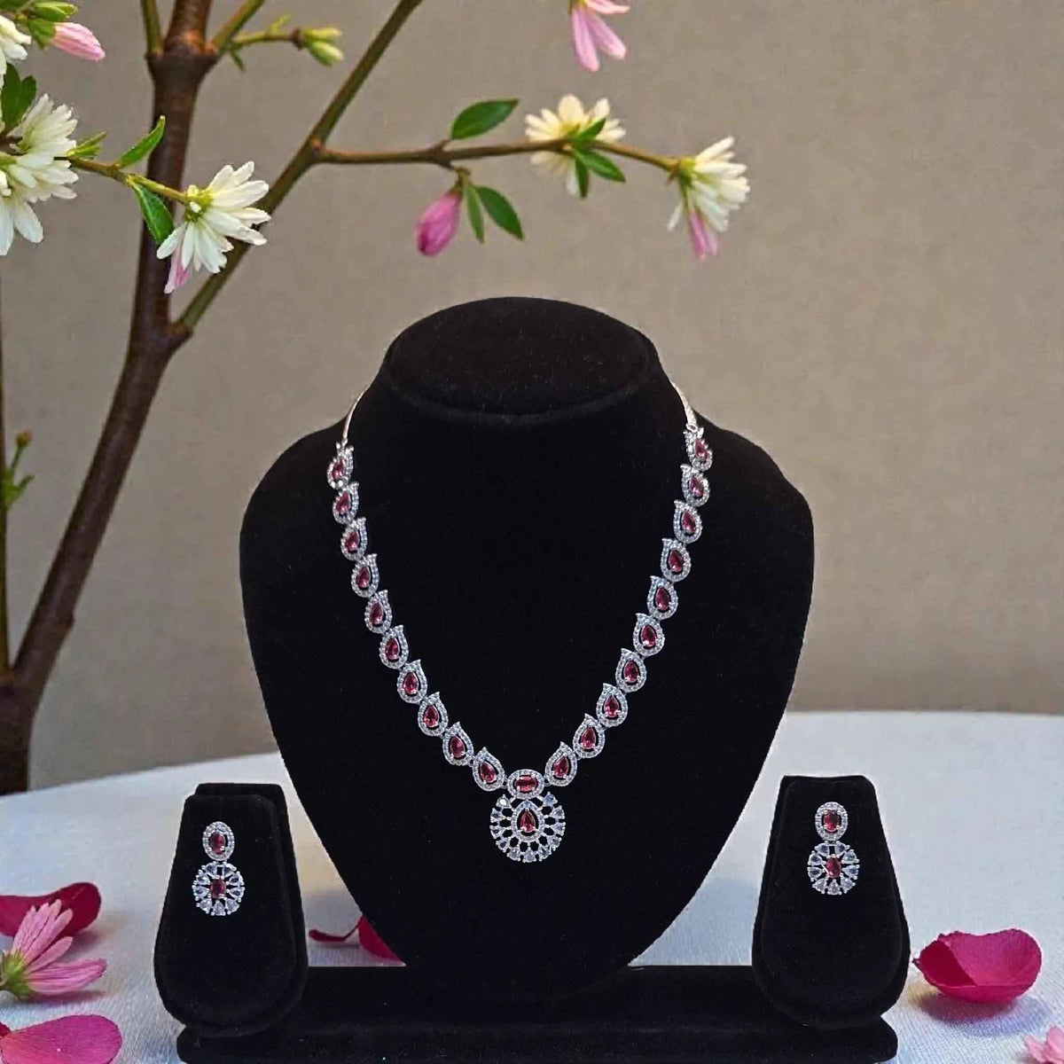 Elegant Silver Plated Ruby AD Necklace Set with Earrings