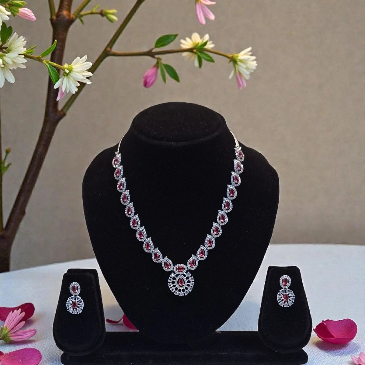 Elegant Silver Plated Ruby AD Necklace Set with Earrings - Shangri
