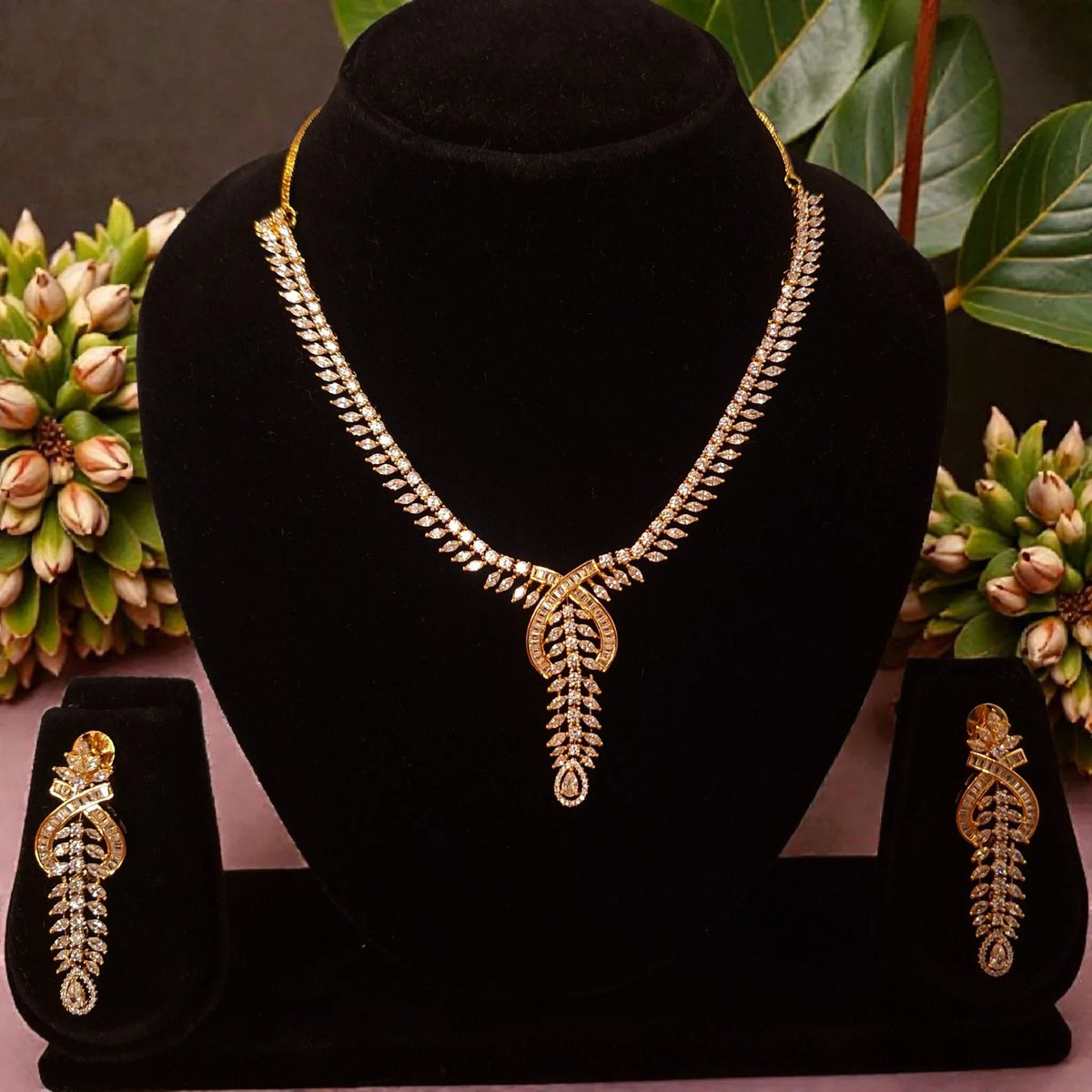 Gold Plated AD Leaf Pattern Designer Necklace Set with Long Earrings - Shangri