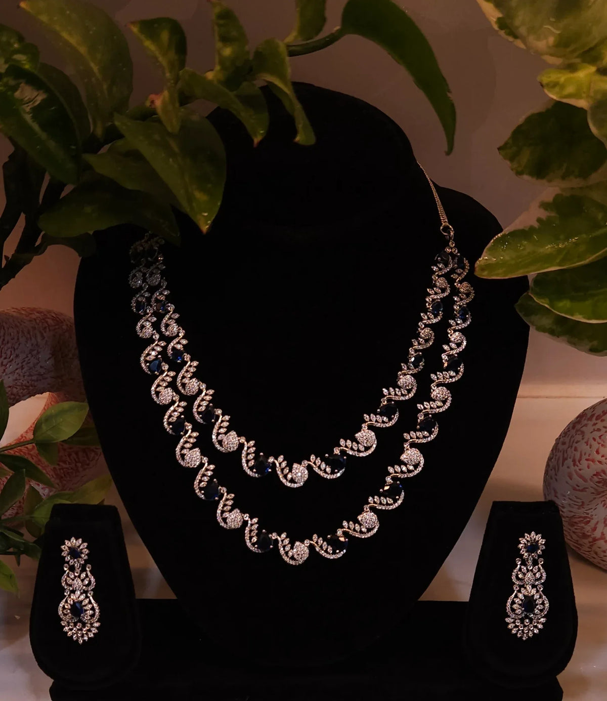 Double-Layer Silver Plated Blue Stone American Diamond Necklace Set – Choker Style with Earrings - Shangri