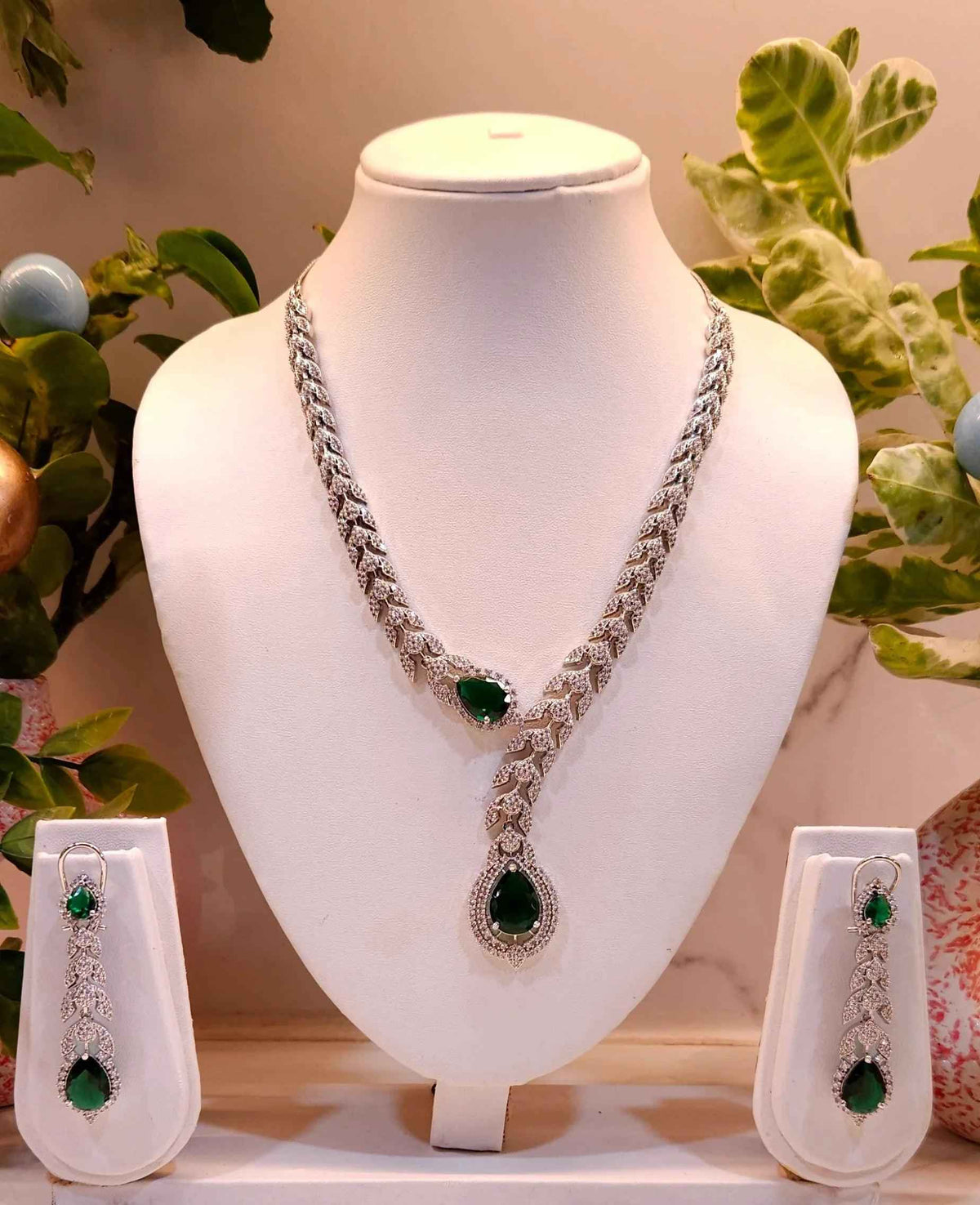 Emerald Green Stone American Diamond Necklace Set – Designer Choker Style with Earrings
