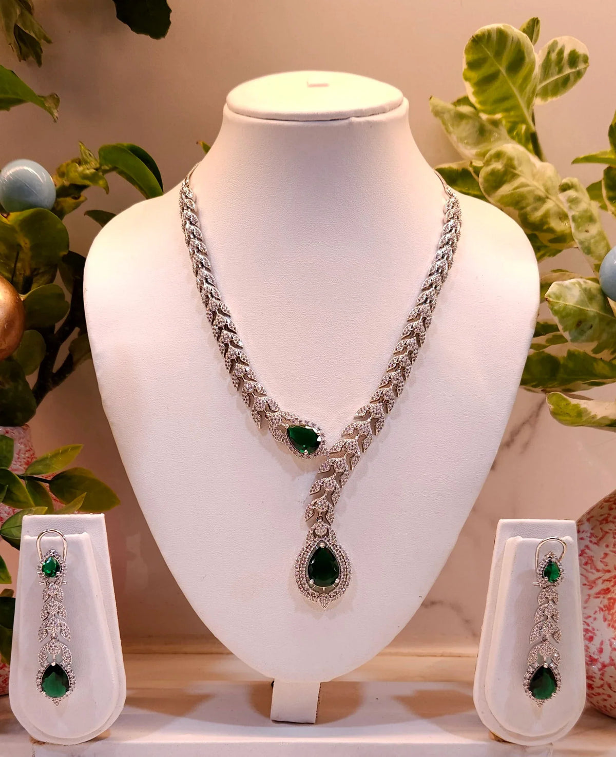 Emerald Green Stone American Diamond Necklace Set – Designer Choker Style with Earrings - Shangri