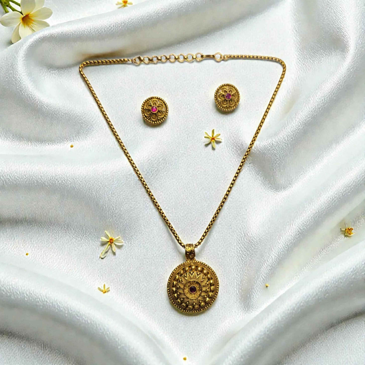 Antique Gold Finish Temple Necklace Set with Floral Coin Pendant