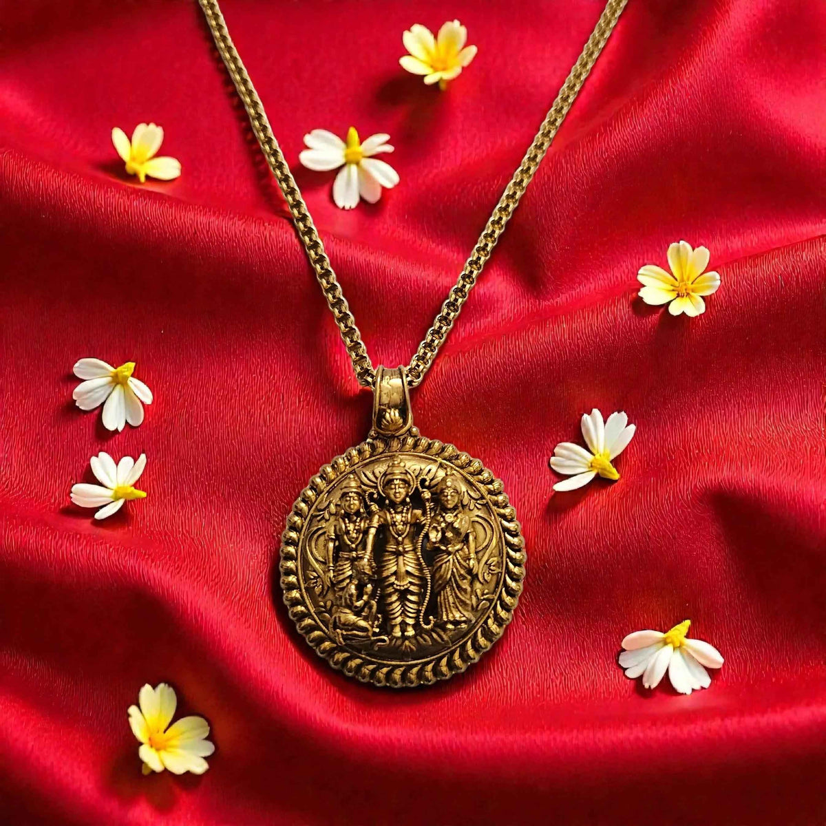Ram Darbar Temple Coin Pendant Necklace Set – Antique Gold Finish