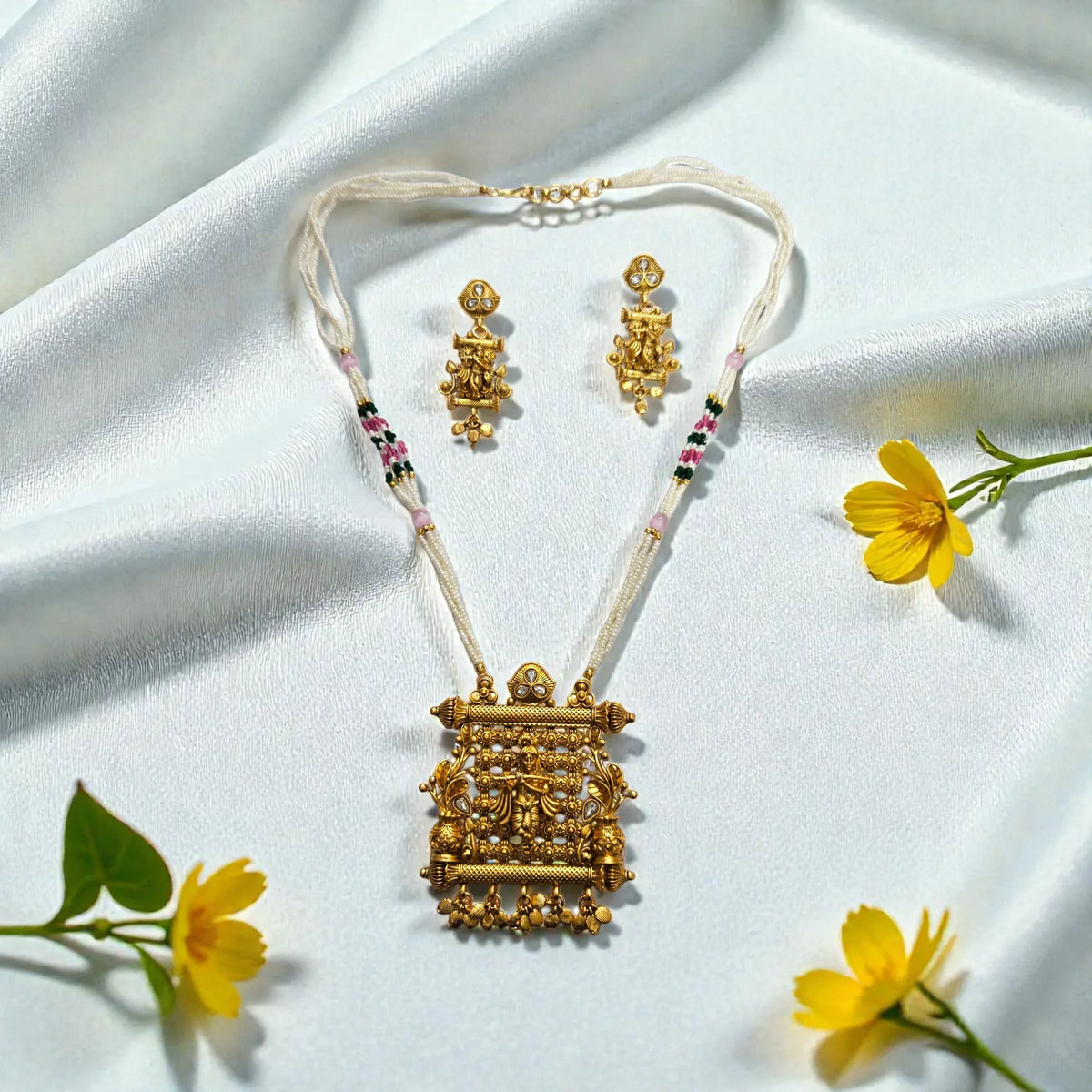 Antique Gold Plated Krishna Temple Jewellery Necklace Set - Shangri