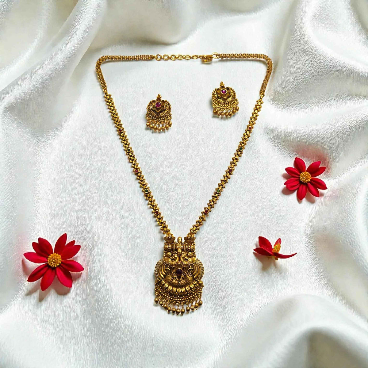 Antique Gold Temple Necklace Set with Traditional Pendant and Matching Earrings