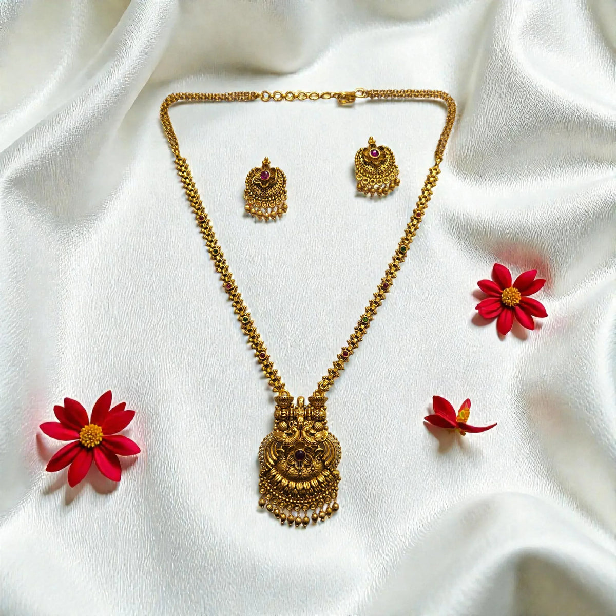 Antique Gold Temple Necklace Set with Traditional Pendant and Matching Earrings - Shangri