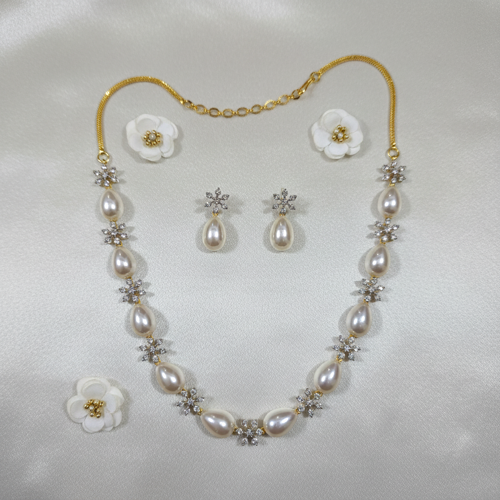 Shangri Elegant Pearl & AD Stone Necklace Set