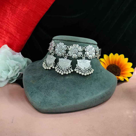 Oxidised Vintage Style Flower Pearl Choker Necklace