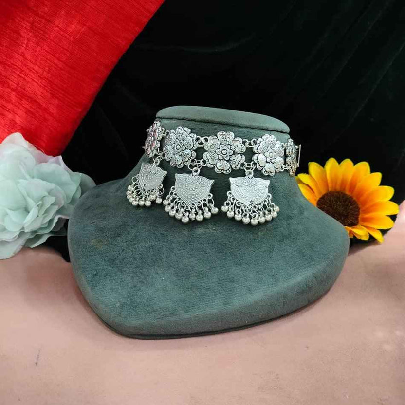 Oxidised Vintage Style Flower Pearl Choker Necklace