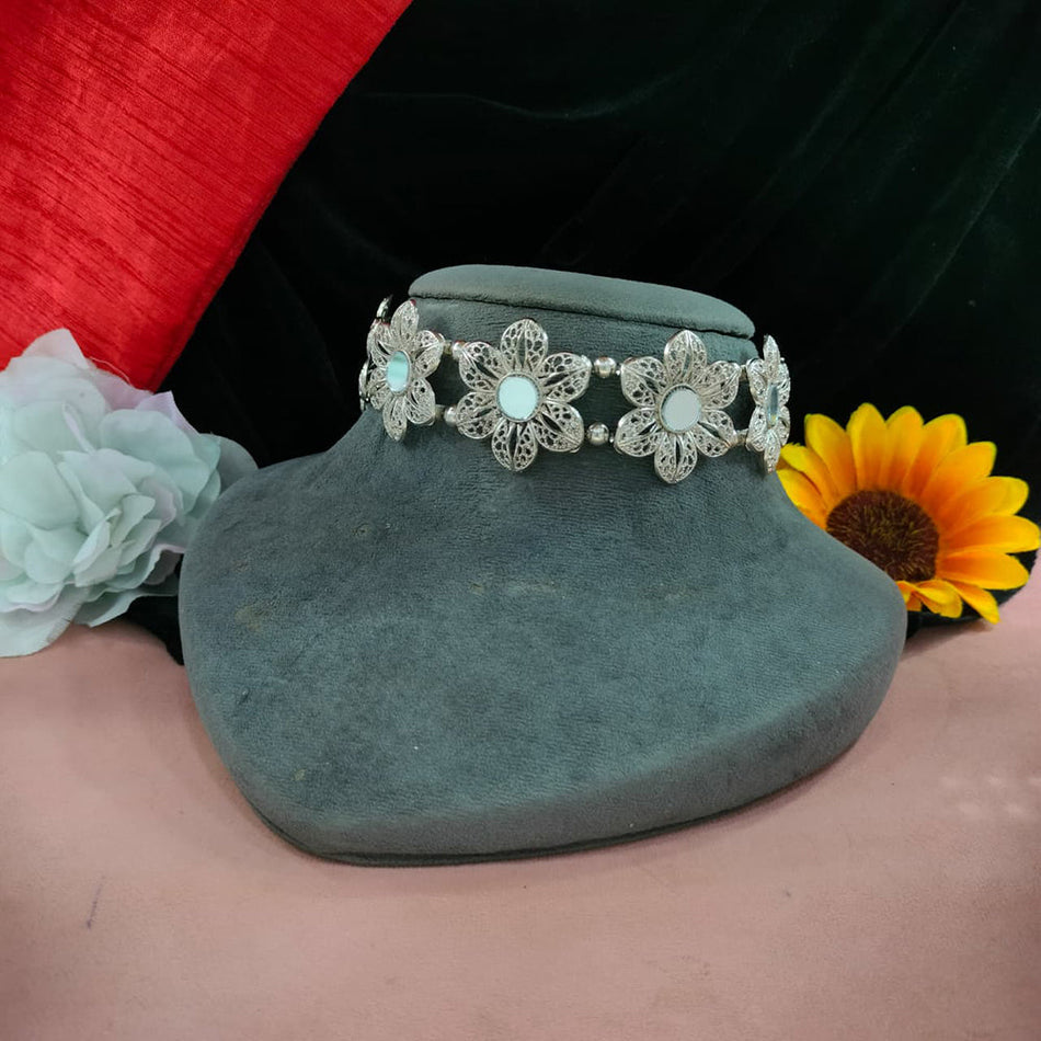 Oxidised Vintage Style Flower Pearl Mirror Choker Necklace