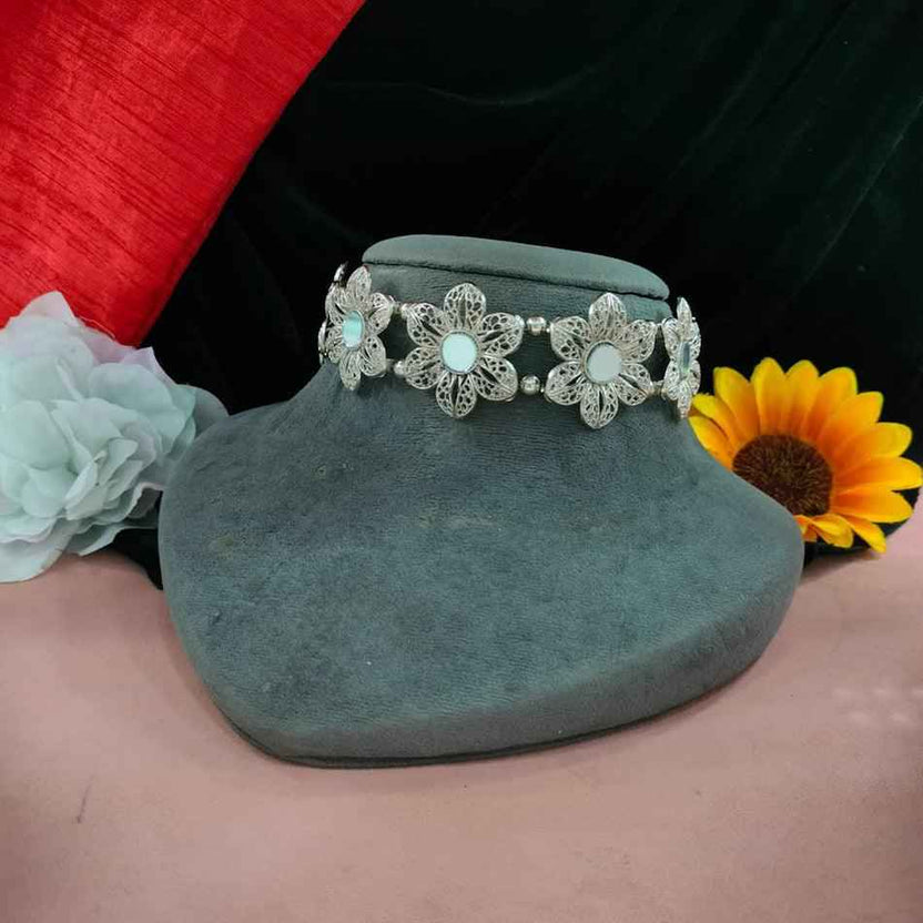 Oxidised Vintage Style Flower Pearl Mirror Choker Necklace