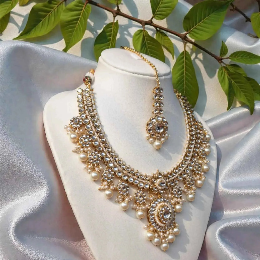 Premium Kundan Bridal Necklace Set with Pearl Drops (Necklace, Earrings & Maang Tikka)