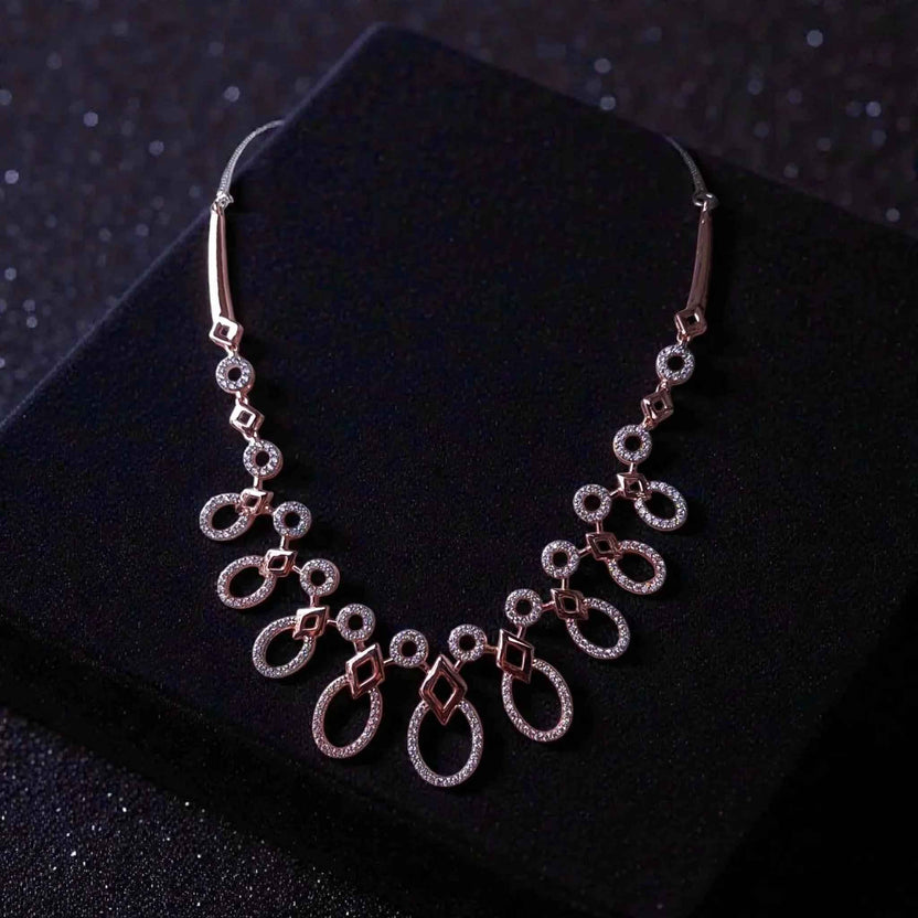 Rosegold Plated AD Designer Teardrop Necklace Set with Matching Earrings