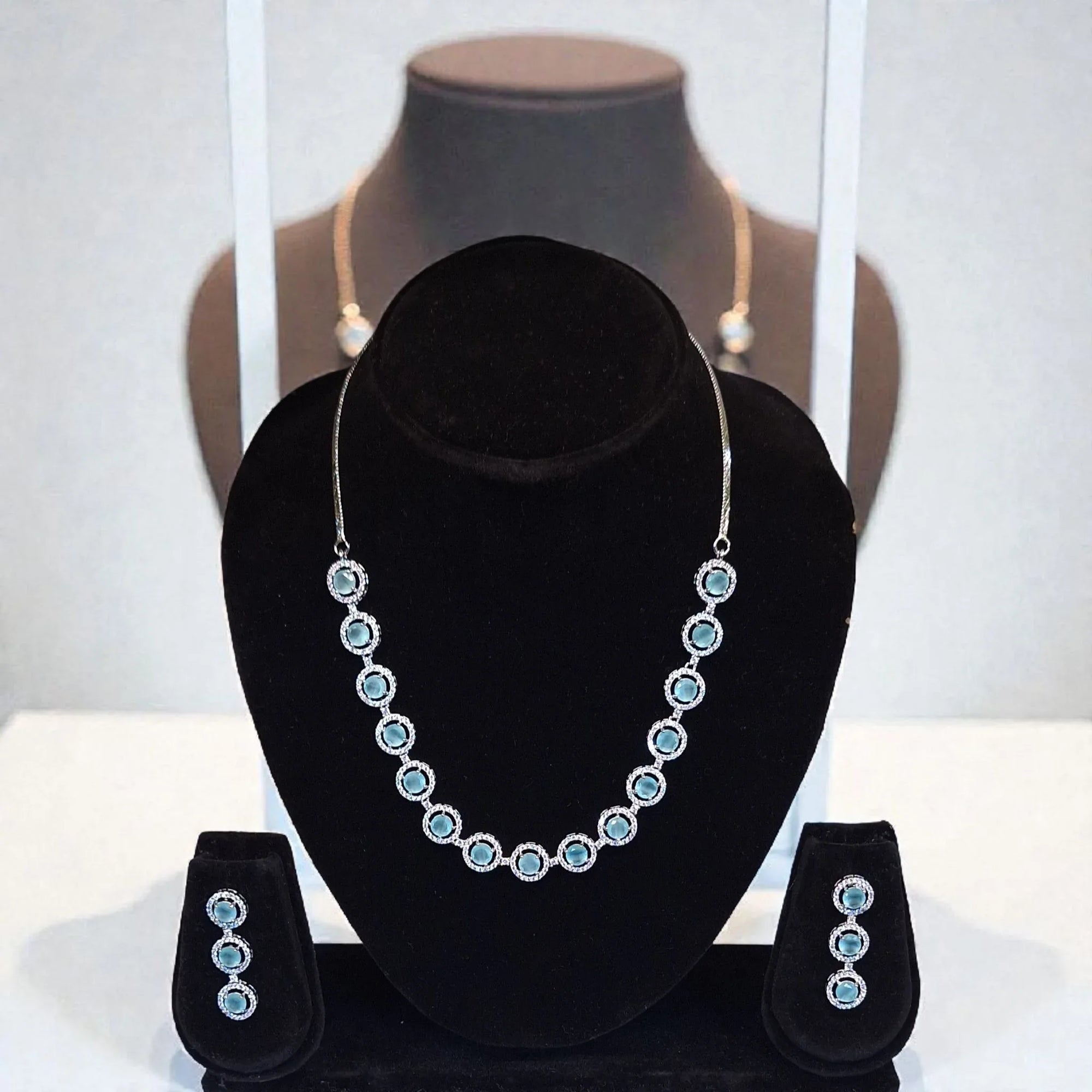 Elegant Blue Stone Silver Plated AD Necklace Set with Earrings - Shangri 