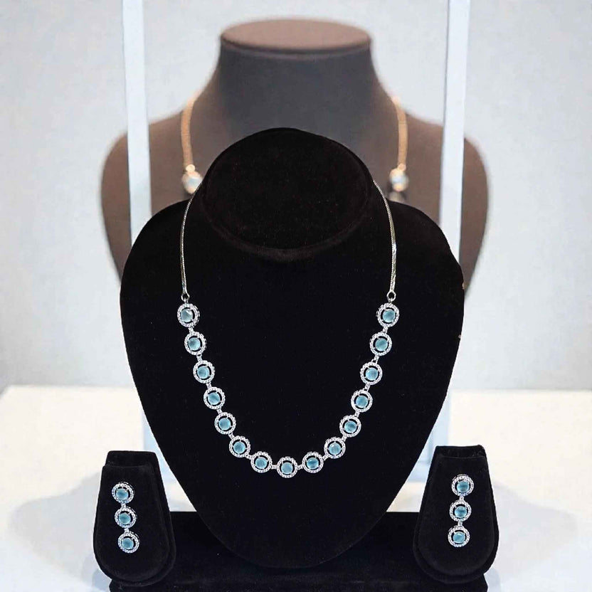 Elegant Blue Stone Silver Plated AD Necklace Set with Earrings