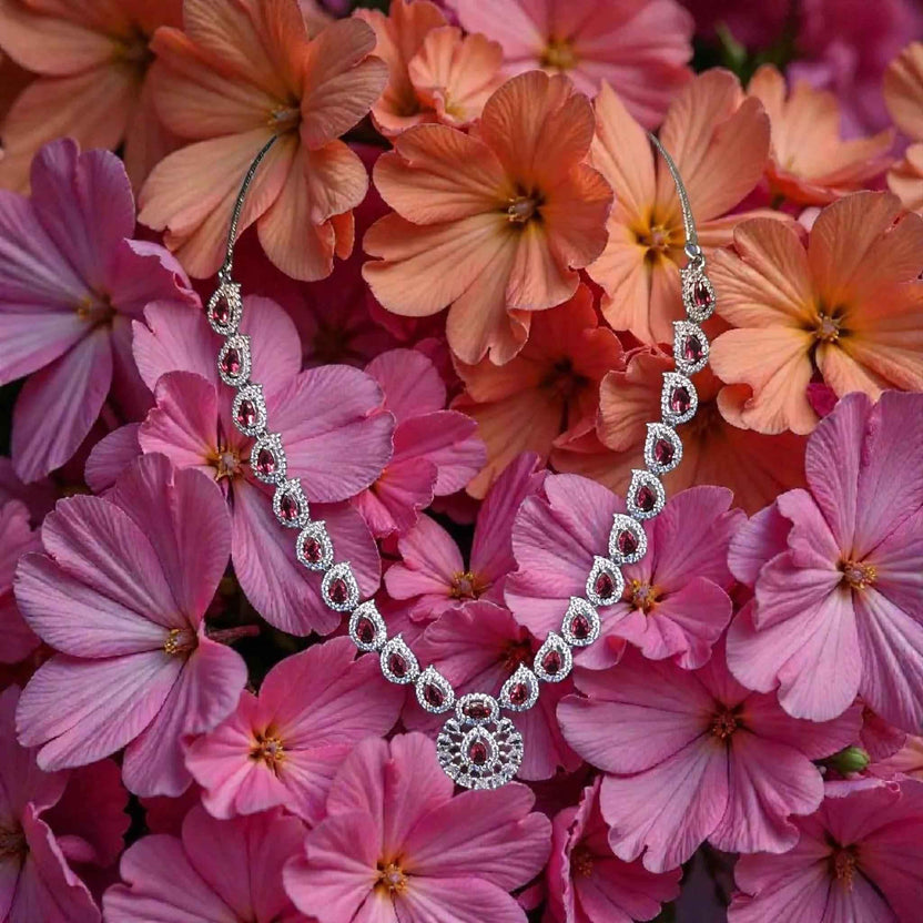 Elegant Silver Plated Ruby AD Necklace Set with Earrings