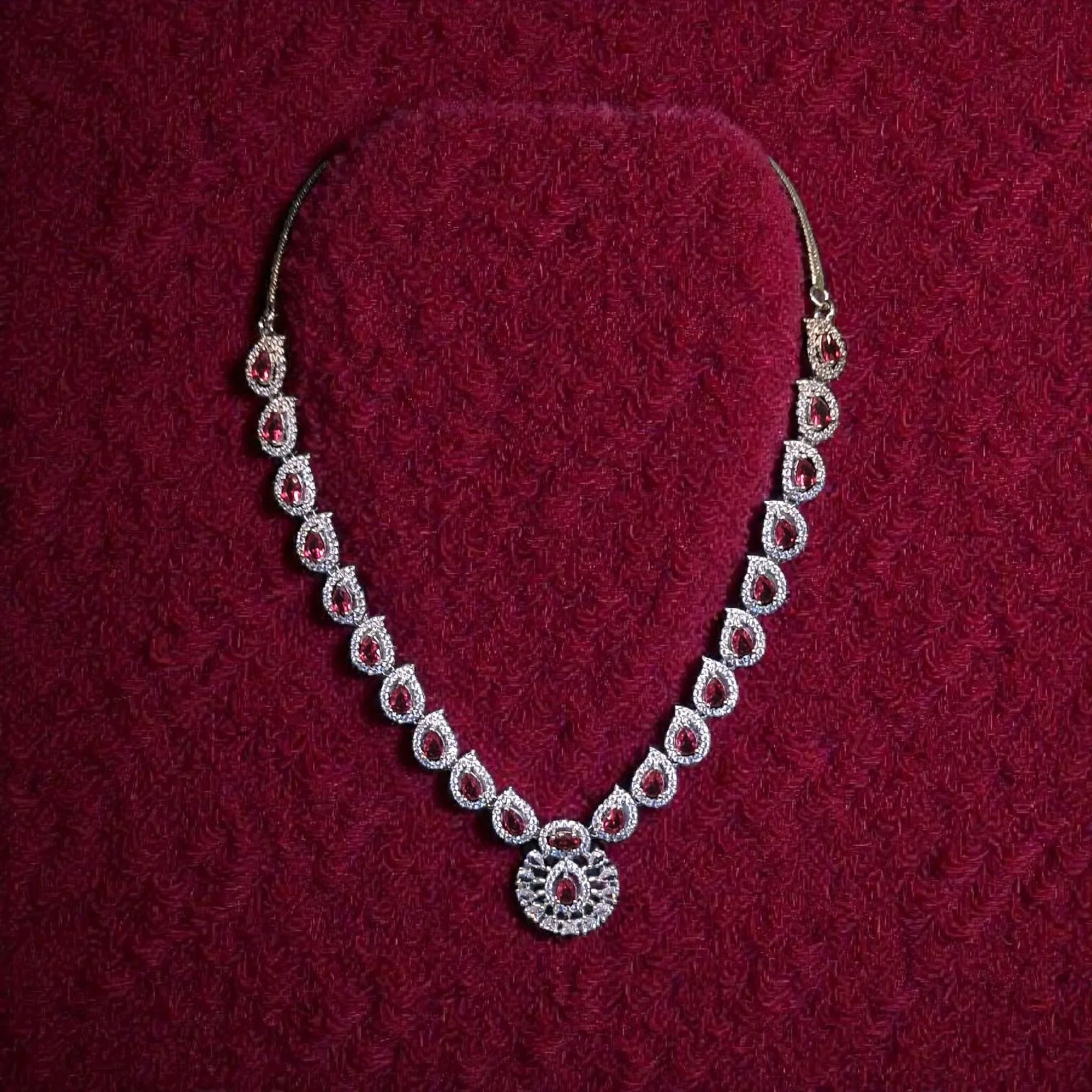 Elegant Silver Plated Ruby AD Necklace Set with Earrings - Shangri 