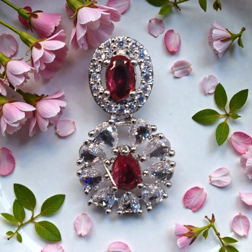 Elegant Silver Plated Ruby AD Necklace Set with Earrings - Shangri 