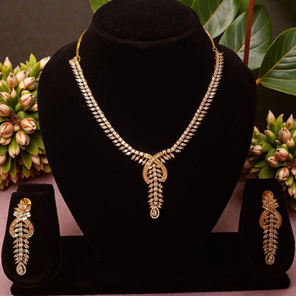 Gold Plated AD Leaf Pattern Designer Necklace Set with Long Earrings - Shangri 