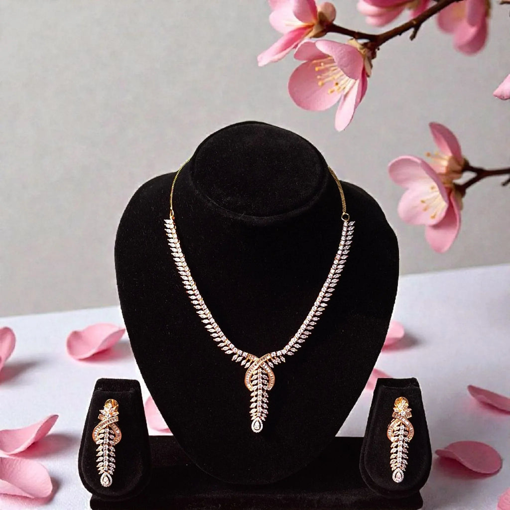 Gold Plated AD Leaf Pattern Designer Necklace Set with Long Earrings - Shangri 