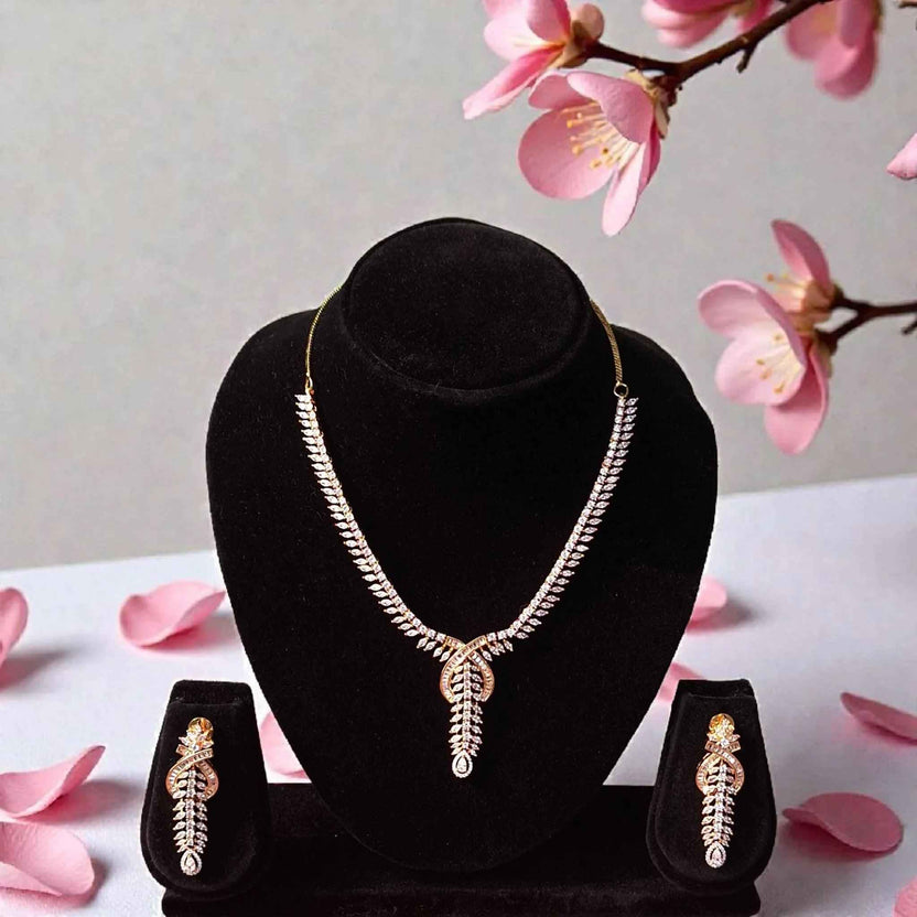 Premium Gold Plated AD Leaf Pattern Designer Necklace Set with Long Earrings