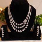 Premium Silver Plated Multi-Layer American Diamond Necklace Set with Earrings