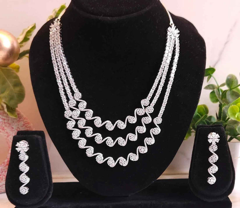 Premium Silver Plated Multi-Layer American Diamond Necklace Set with Earrings
