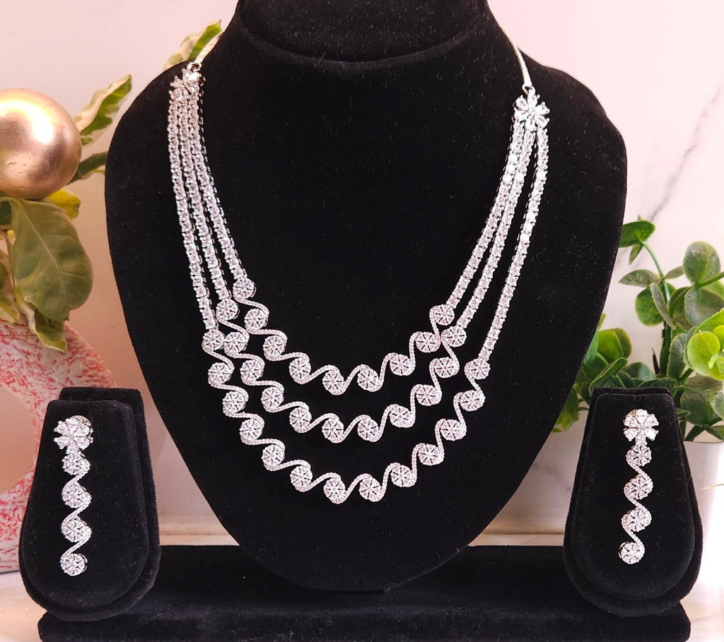Premium Silver Plated Multi-Layer American Diamond Necklace Set with Earrings