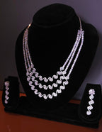 Premium Silver Plated Multi-Layer American Diamond Necklace Set with Earrings