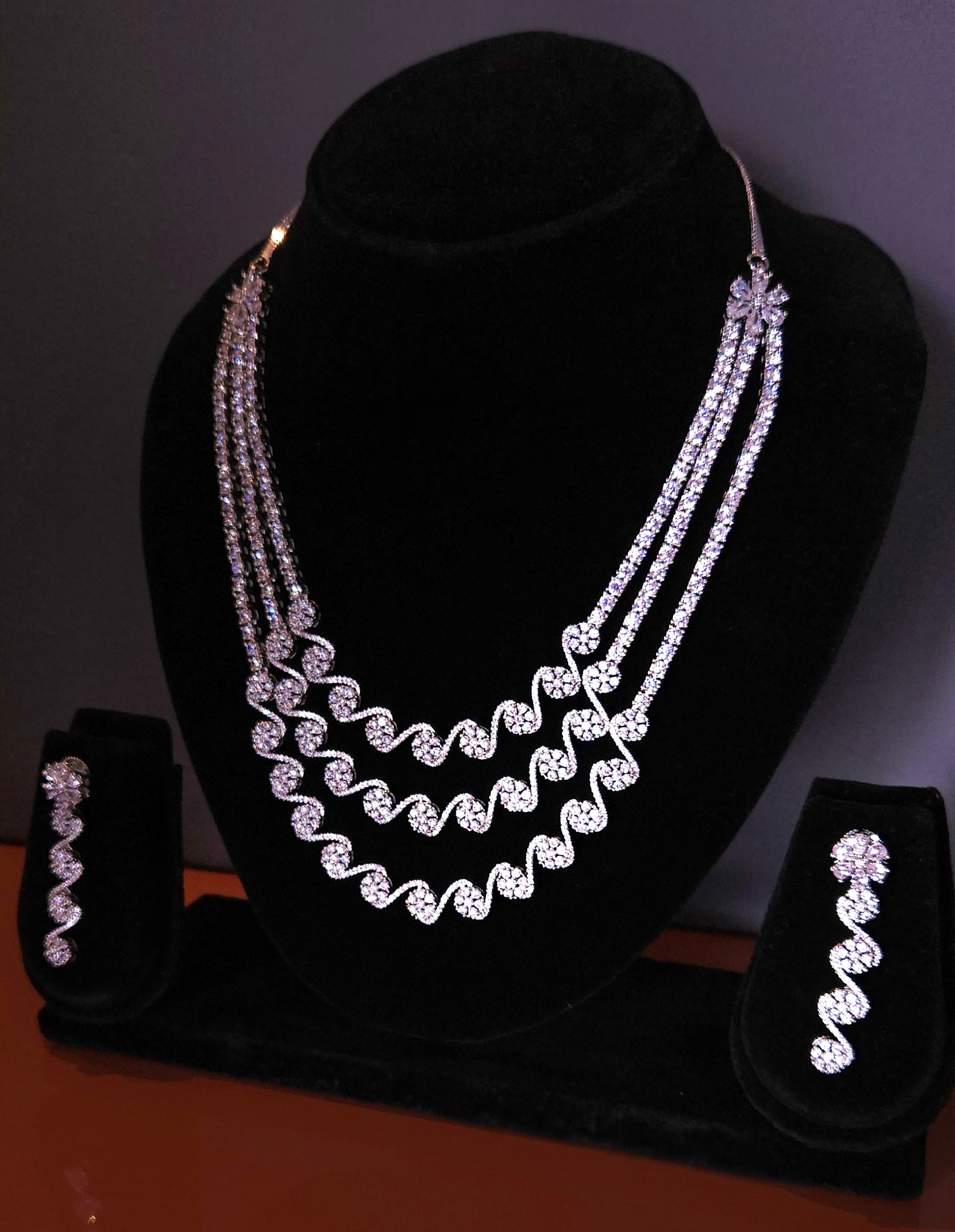 Premium Silver Plated Multi-Layer American Diamond Necklace Set with Earrings
