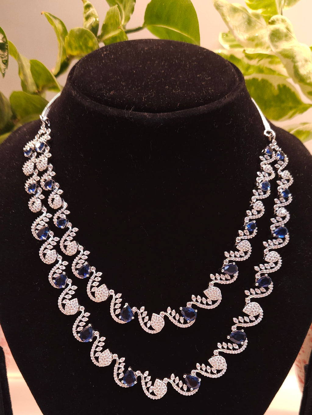 Double-Layer Silver Plated Blue Stone American Diamond Necklace Set – Choker Style with Earrings