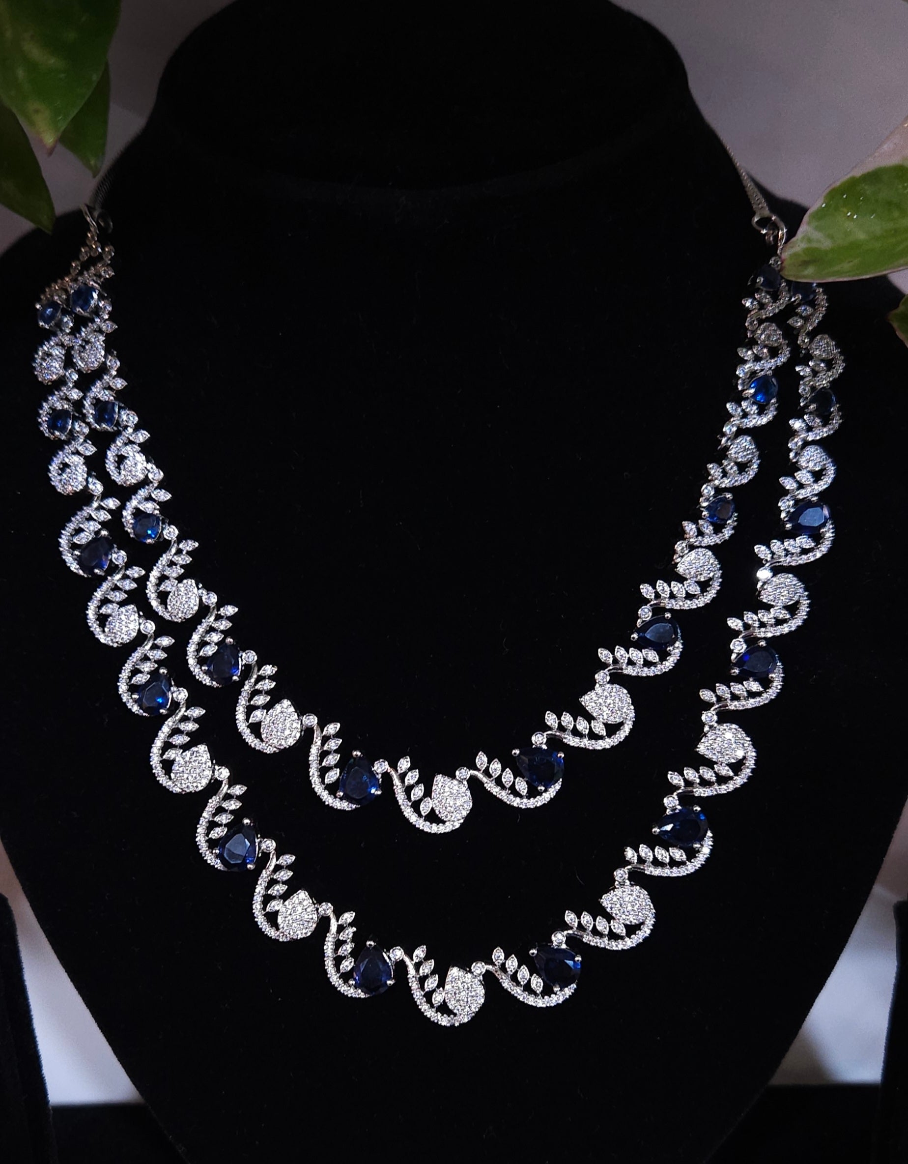Double-Layer Silver Plated Blue Stone American Diamond Necklace Set – Choker Style with Earrings