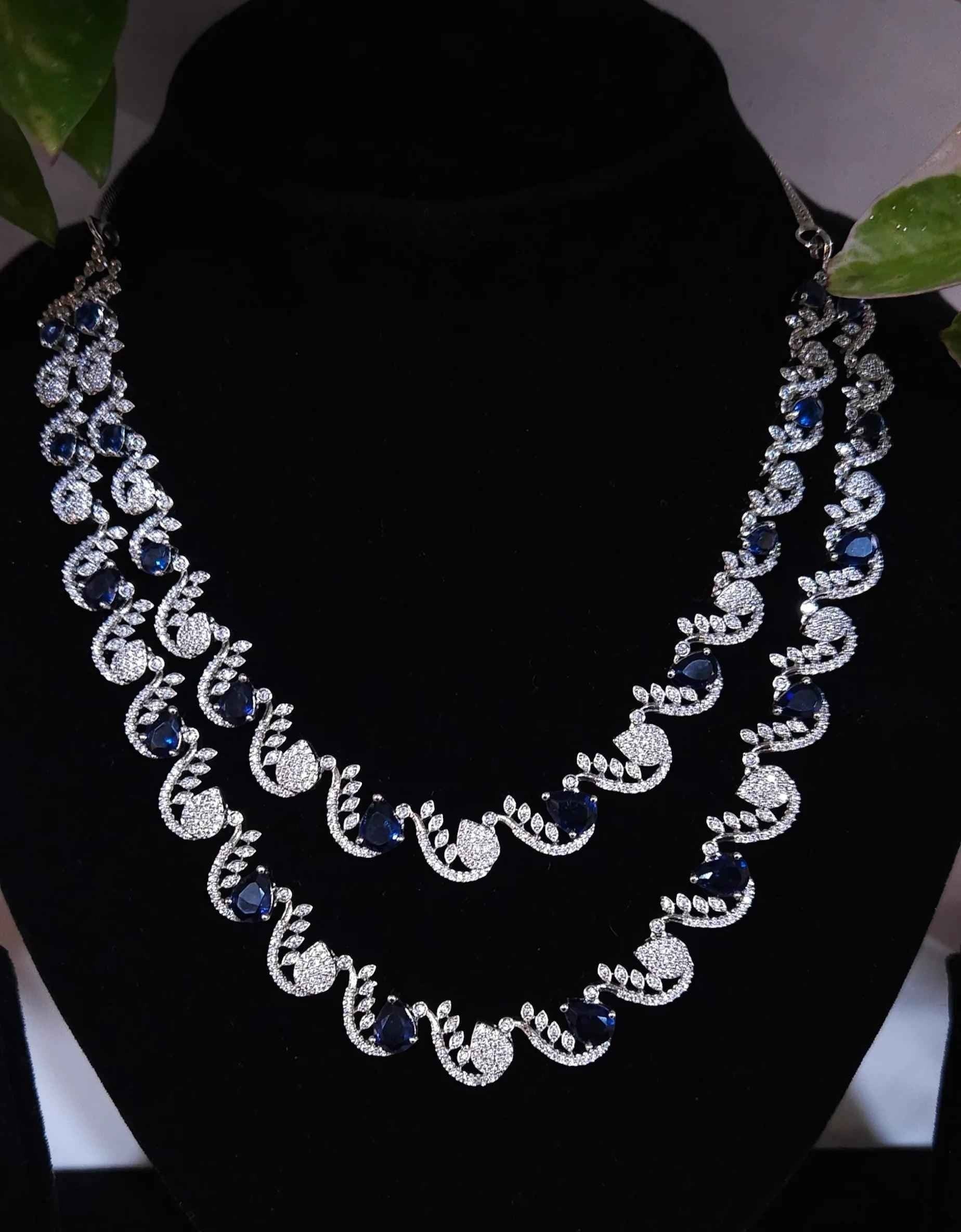 Double-Layer Silver Plated Blue Stone American Diamond Necklace Set – Choker Style with Earrings