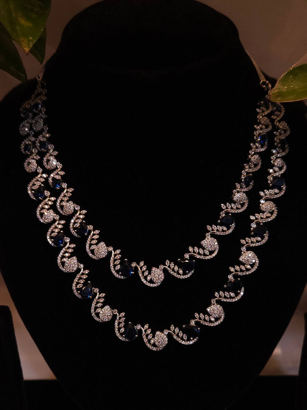 Double-Layer Silver Plated Blue Stone American Diamond Necklace Set – Choker Style with Earrings