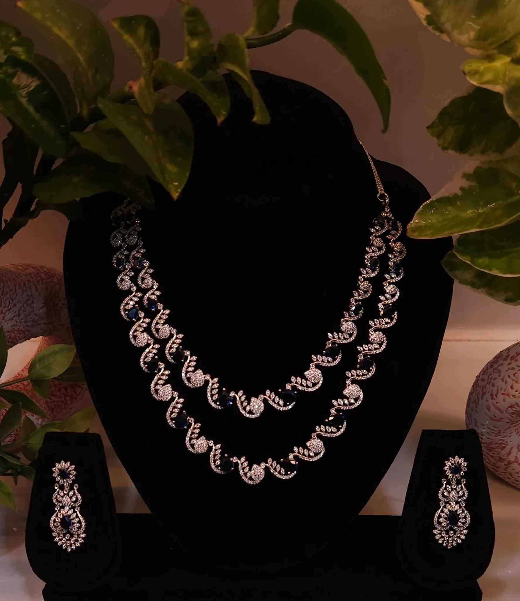 Double-Layer Silver Plated Blue Stone American Diamond Necklace Set – Choker Style with Earrings
