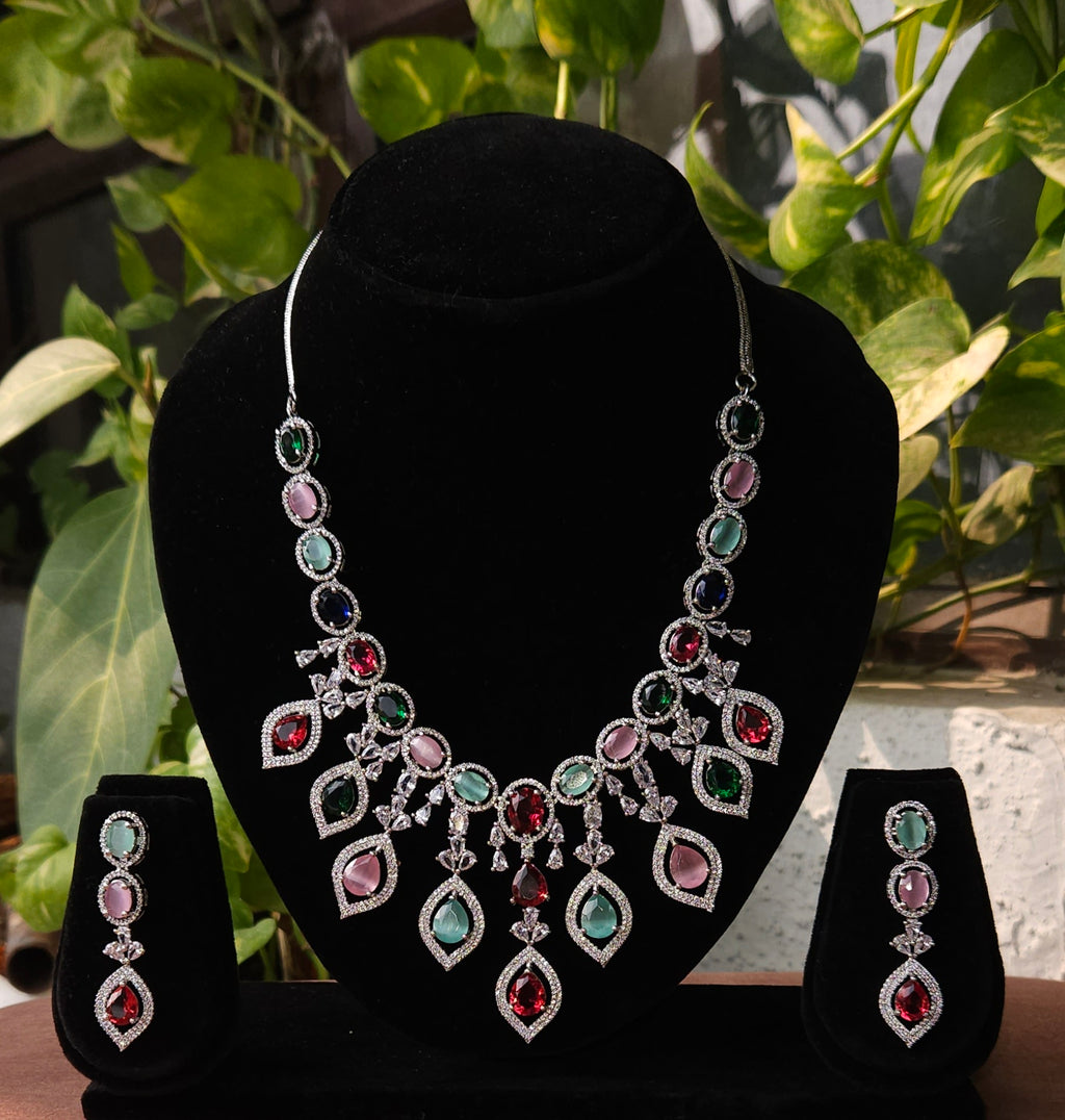 Multicolour Stone American Diamond Necklace Set – Designer Choker Style with Earrings