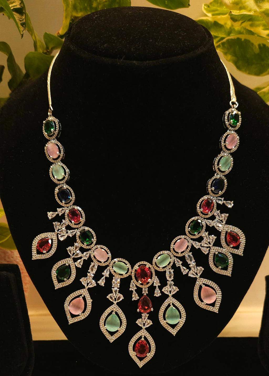 Multicolour Stone American Diamond Necklace Set – Designer Choker Style with Earrings