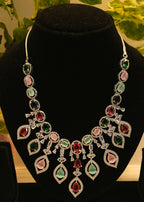 Multicolour Stone American Diamond Necklace Set – Designer Choker Style with Earrings