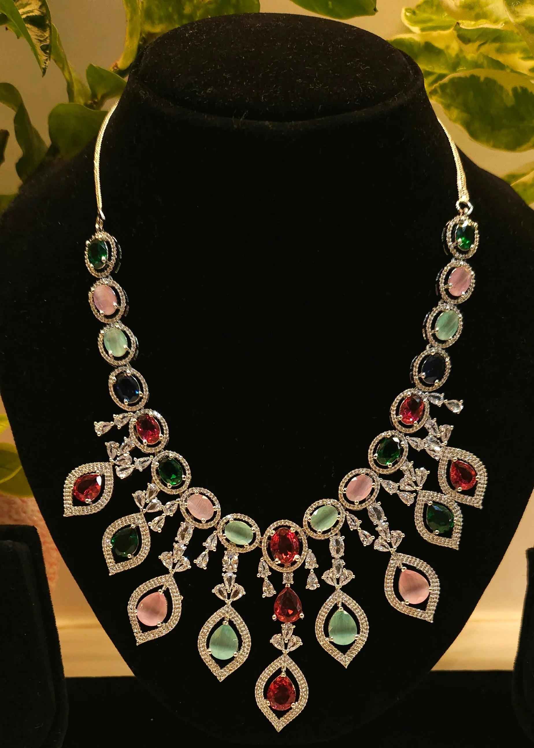 Multicolour Stone American Diamond Necklace Set – Designer Choker Style with Earrings