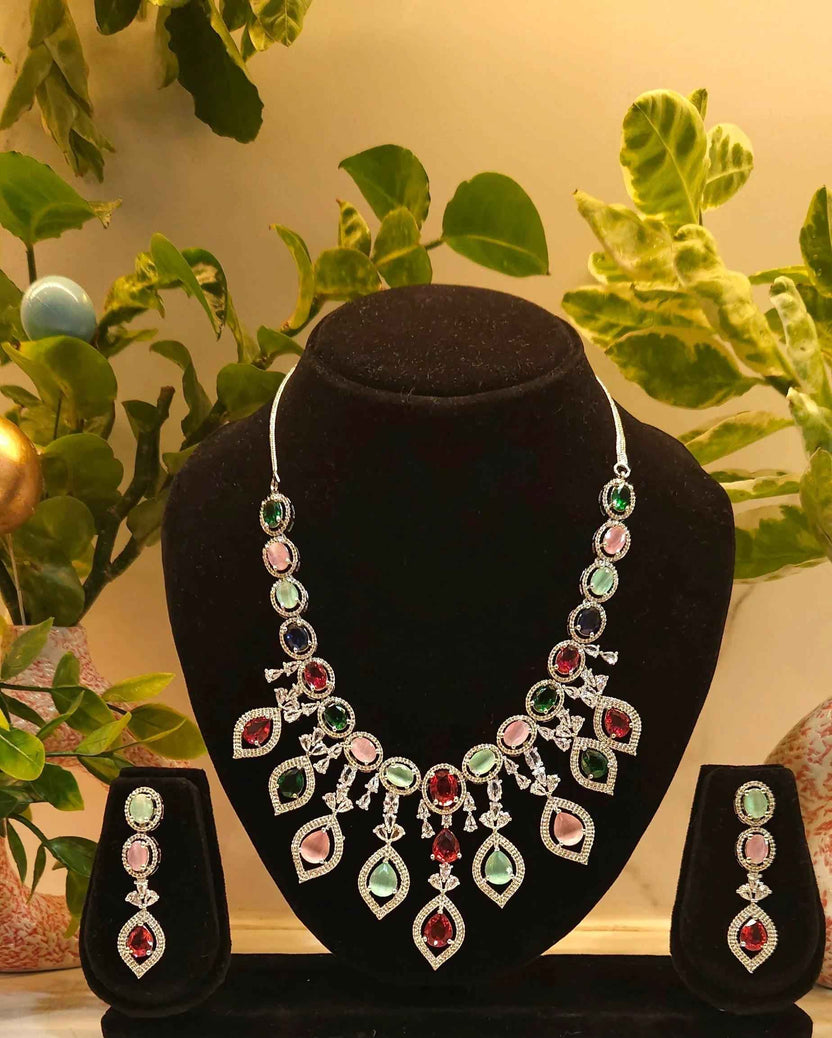 Multicolour Stone American Diamond Necklace Set – Designer Choker Style with Earrings