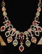 Multicolour Stone American Diamond Necklace Set – Designer Choker Style with Earrings