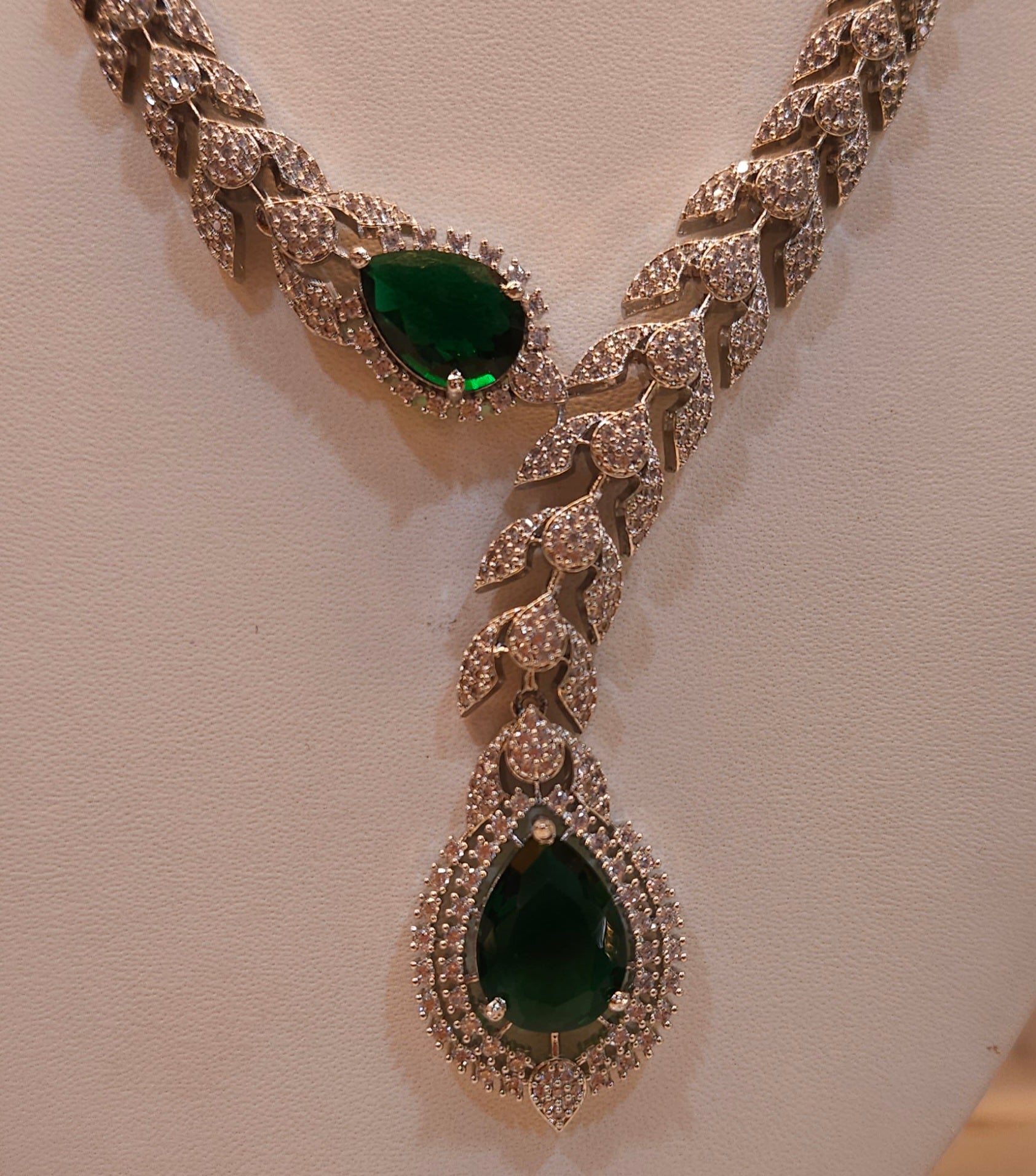 Emerald Green Stone American Diamond Necklace Set – Designer Choker Style with Earrings