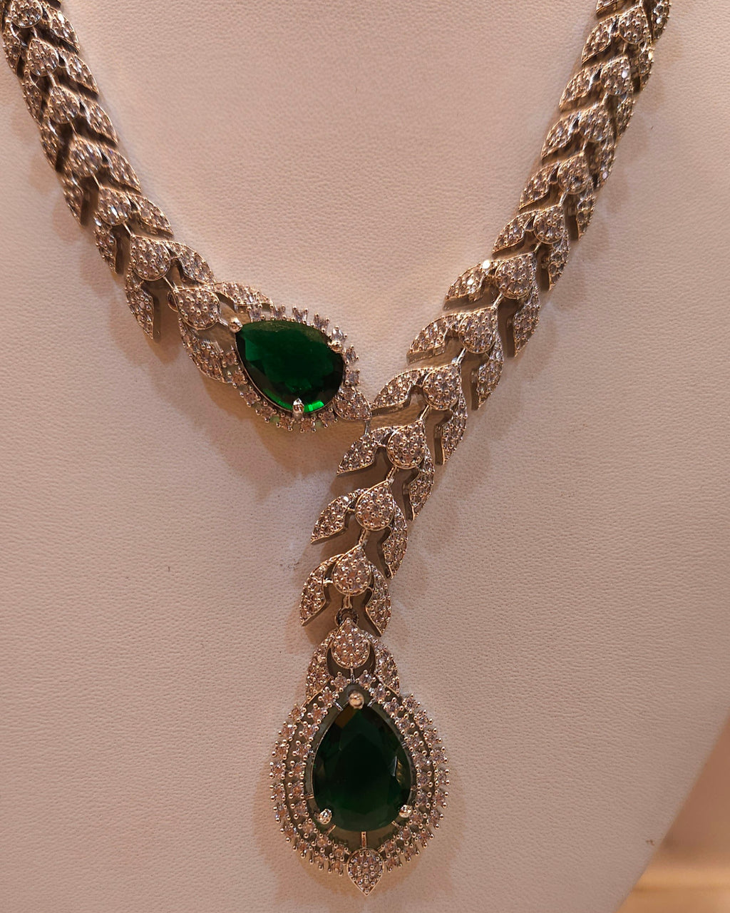 Emerald Green Stone American Diamond Necklace Set – Designer Choker Style with Earrings