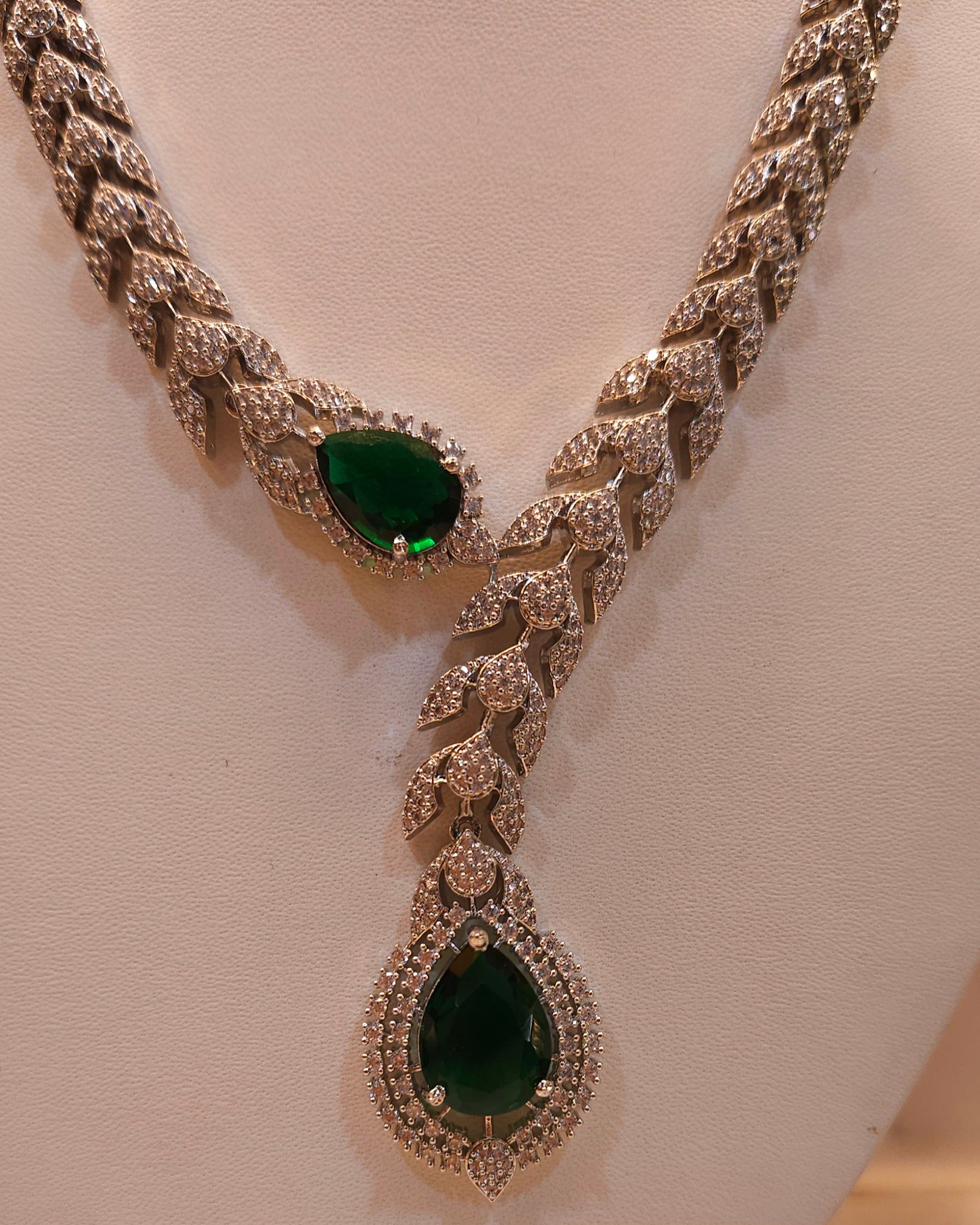 Emerald Green Stone American Diamond Necklace Set – Designer Choker Style with Earrings
