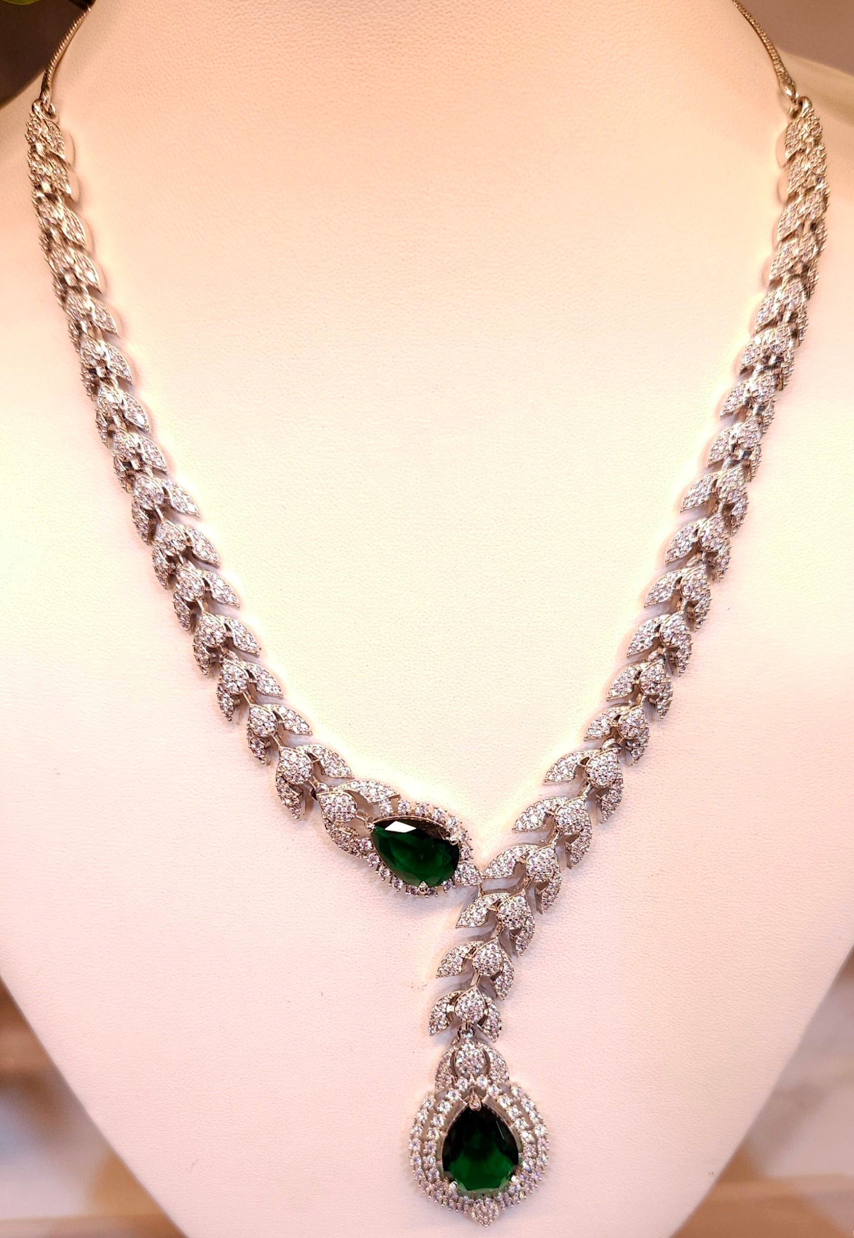 Emerald Green Stone American Diamond Necklace Set – Designer Choker Style with Earrings