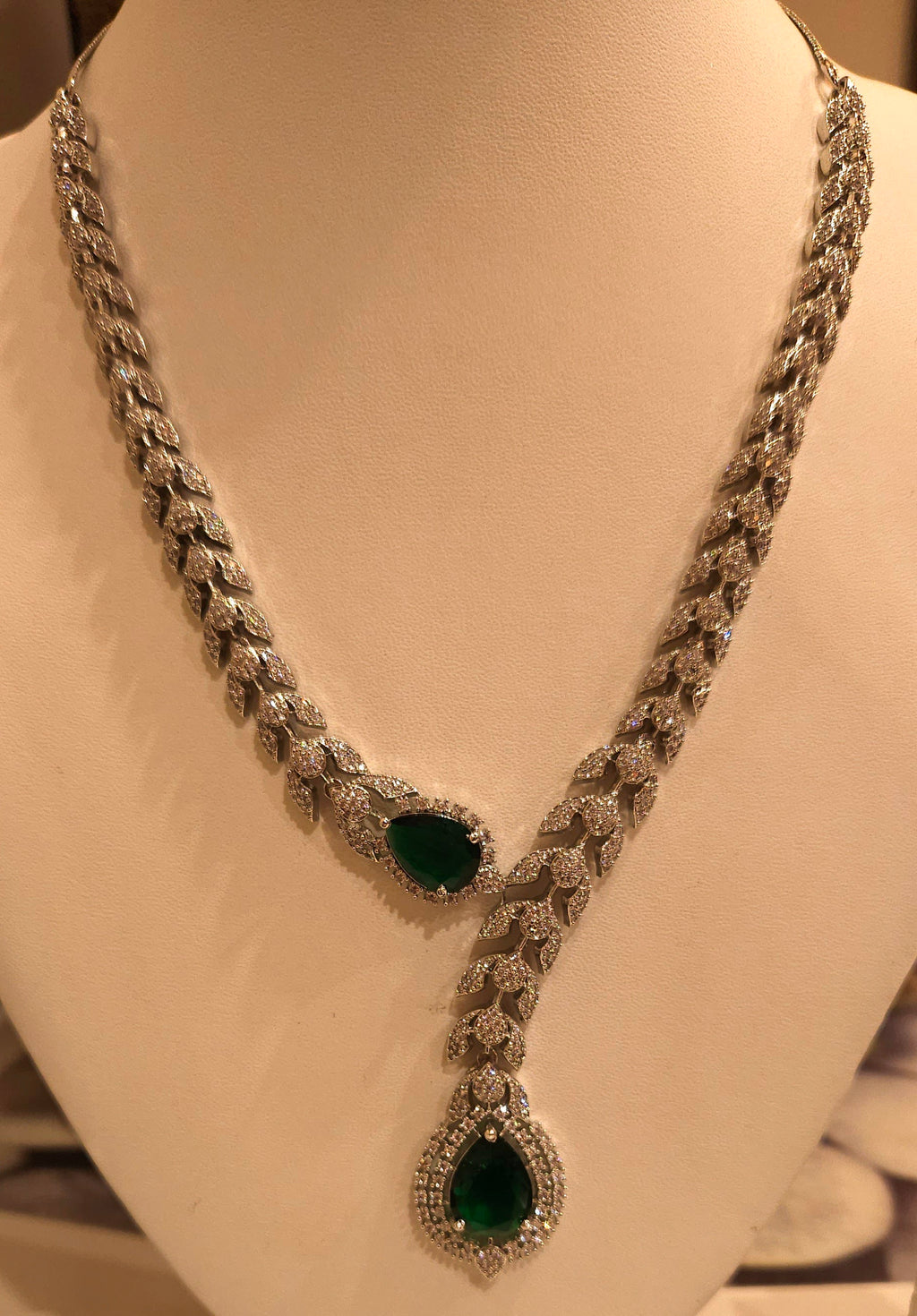 Emerald Green Stone American Diamond Necklace Set – Designer Choker Style with Earrings