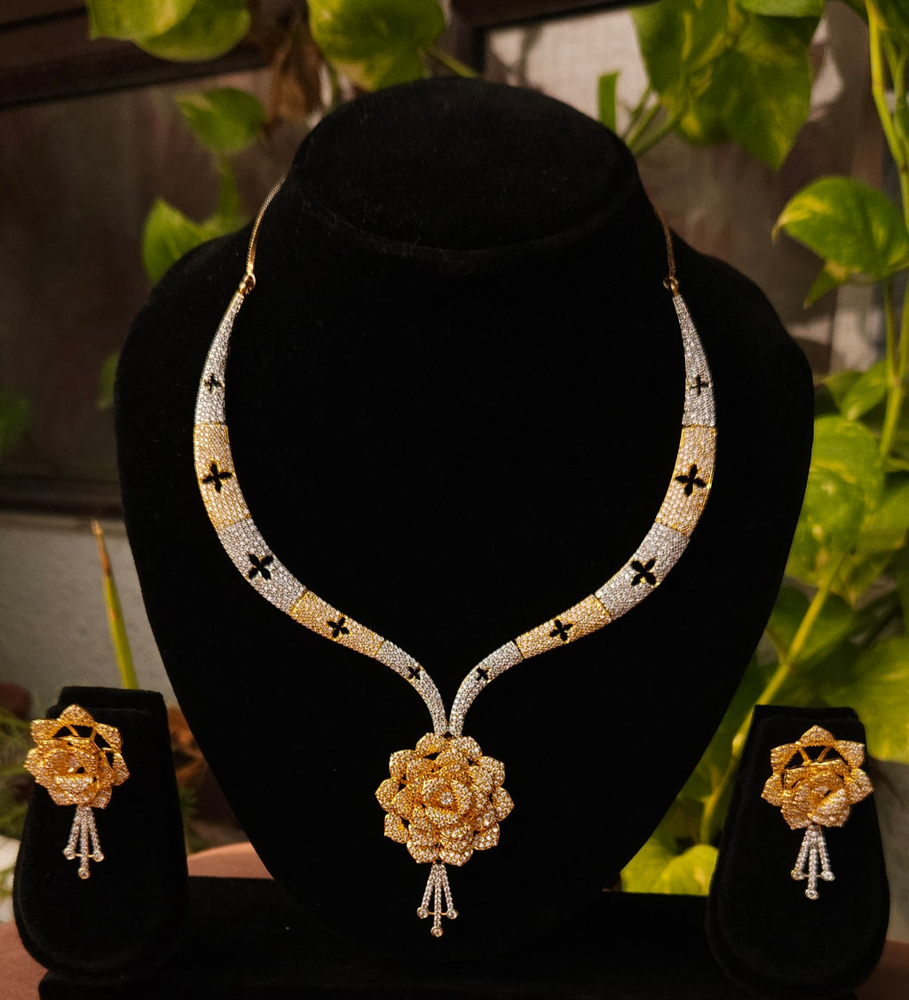 Gold & Silver Dual-Tone Floral American Diamond Necklace Set – Designer Choker Style with Earrings